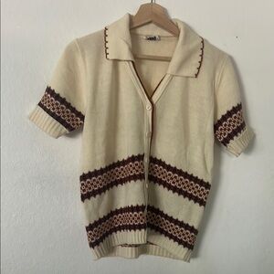 El Mar California Button Up Short Sleeve Sweater Cream, Blue, Brown Sz Missing